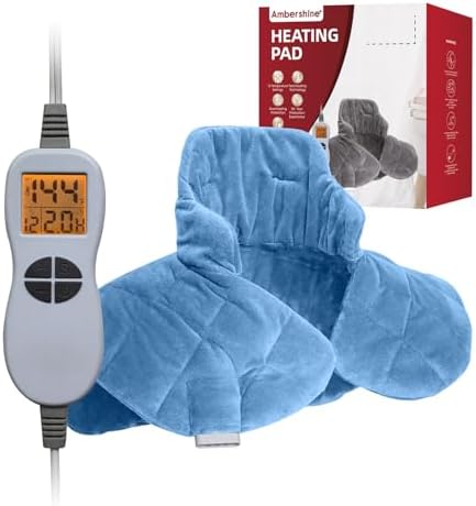 Ambershine 19''x24'' Weighted Neck & Shoulder Heating Pad, 2.5lbs with 12 Temperature Settings& 4 Auto-Off Timers, Pain Relief for Neck/Shoulder/Back(Light Blue)
