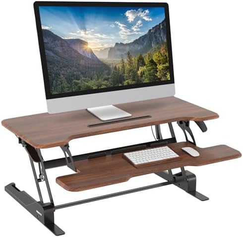 Mount-It! Large 38 Inch Standing Desk Converter, Sit Stand Desk Riser for Dual Monitors with Keyboard Tray, Height Adjustable Desktop Workstation, Easy Lift Gas Spring, Rustic Walnut Brown