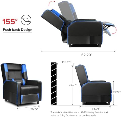 LUCKRACER Gaming Recliner Chair for Living Room Racing Style Single PU Leather Gaming Sofa for Adults Modern Game Recliners Ergonomic Comfortable Home Theater Seating, Blue