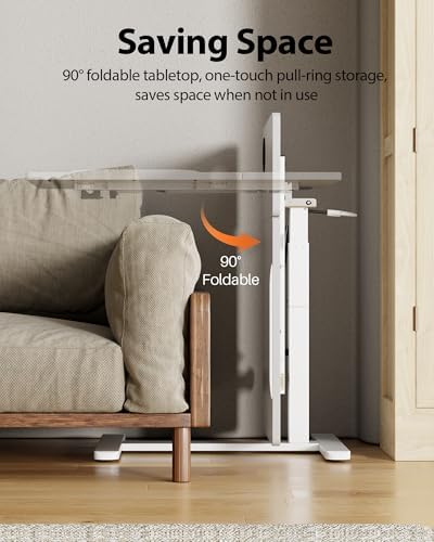 Overbed Table with Wheels, Pneumatic Lift, Foldable Top (White)