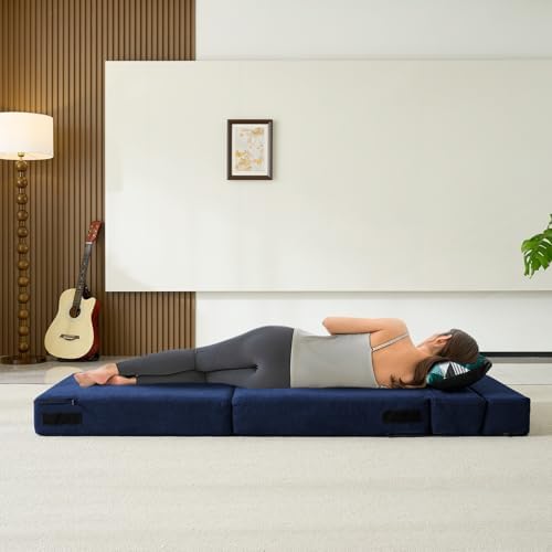 Nigoone Folding Sofa Bed with Pillow Memory Foam Convertible Sleeper Chair Bed Couch Futon Lazy for Living Room Home Office Guest Beds Apartment Upstairs Loft, Single Size, Dark Blue