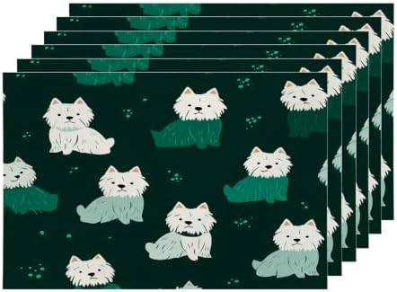 Shrahala Cute Dog in Dark Green Placemats, White Dogs Spots Table Mat Linen Burlap Washable Double-Deck Heat Insulation for Dining/Kitchen Table Set of 6 (12 X 18 Inch)