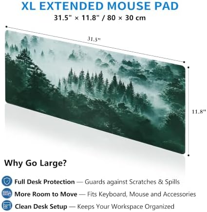 Extended Misty Forest Desk Mat, XL Large Gaming Mouse Pad, Tree Woodland Nature Stitched Edges Waterproof with Non-Slip Rubber Base for Computer Keyboard Laptop Work Home Office 31.5"x11.8"