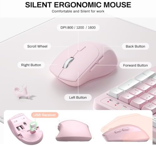 Wireless Keyboard and Mouse Combo,2.4G Ergonomic Wave Keys(Pink-A)