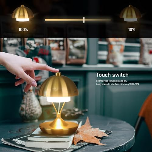 Modern Table Lamp Cordless Portable Desk Lamp, 2700K Stepless Dimming Rechargeable Battery Operated LED Lights for Bedroom, USB-C Charging, Restaurant/Bar/Night Light/Gifts (Brass)