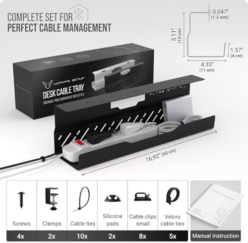 Under Desk Cable Management Tray no Drill – Wire Management - Cord Organizer – Huge Load Capacity – Under Desk Cable Tray no Drill (Black, 1 Piece Set)