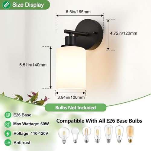 Set of 2 Wall Sconces for Bathroom,Black Modern Vanity Lights with Milky White Frosted Glass Shades,Bathroom Wall Lamp, for Bathroom, for Mirror, Living Room, Kitchen, Hallway, Cabinet, Porch