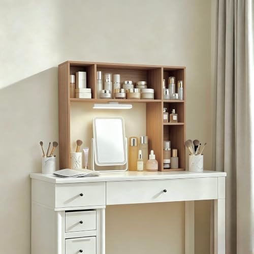 3 Tier Desktop Bookshelf with Rechargeable Eye-Friendly LED Desk Light, Desk Hutch Organizer with 5 Shelves, Wooden Desk Bookshelf for Office, Dorm and Small Space, Burlywood