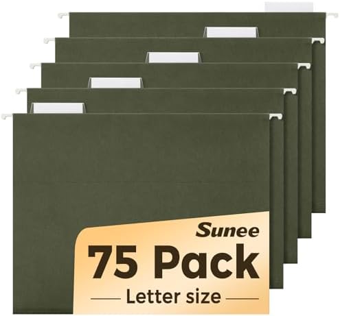 SUNEE Hanging File Folders, 75 Pack Reinforced Hang Folders Letter Size, Adjustable 1/5-Cut Tabs, Designed for Bulky Files, Filing Cabinet, Standard Green