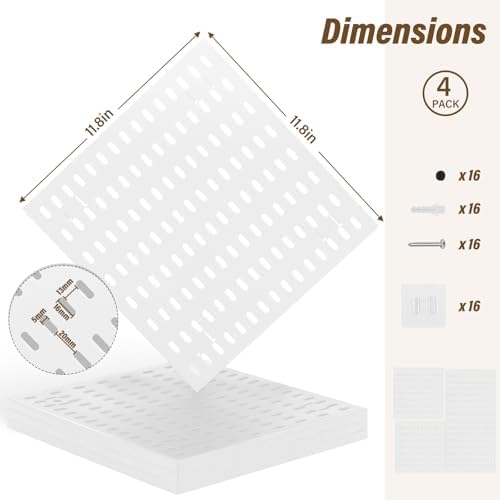 AKTOP Modular Plastic Peg Board Wall Organizer, 4 Pack, 12"x12", White