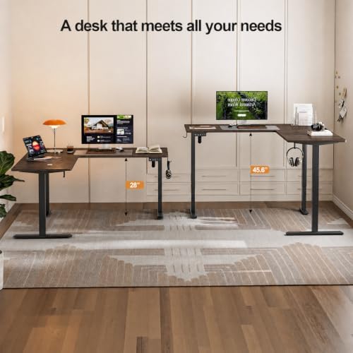 Grandder 63 x 55 Inch L Shaped Standing Desk, Electric Height Adjustable Corner Stand Up Desk, Sit Stand Corner Table Home Office Table, Walnut Top Black Frame