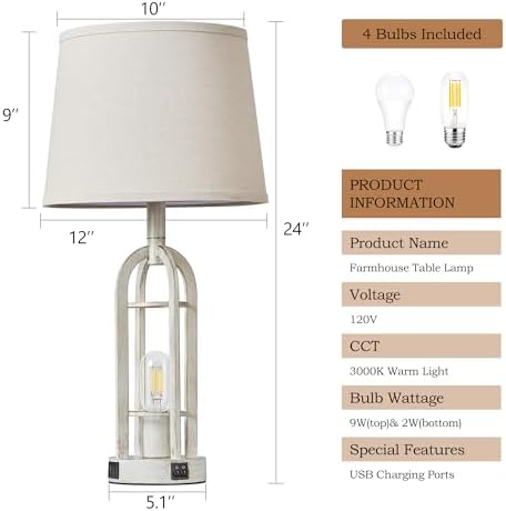 SRJJA 24" Farmhouse Table Lamps for Living Room Bedroom Set of 2, USB A+C
