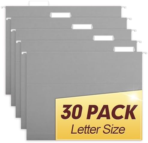 HERKKA Hanging File Folders, 30 Pack Reinforced Letter Size Hanging Folders, Designed for Bulky Files, Filing Cabinet, 1/5-Cut Adjustable Tabs (Gray)