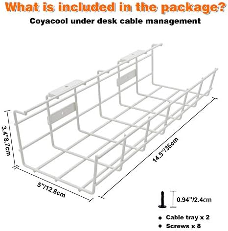 Under Desk Cable Tray - 2 Pack Cable Raceway for Wire Management. Metal Wire Organizer for Office, Studio and Home. Super Sturdy Cord Organizer for Desk - White Cable Management Under Desks