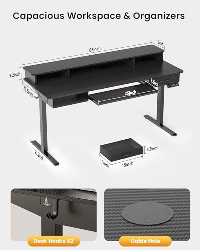 Electric Standing Desk with Keyboard Tray, 63x24 Inches Height Adjustable Stand up Desk with 2 Drawers, Ergonomic Sit to Stand Table with Storage Monitor Stand, Black