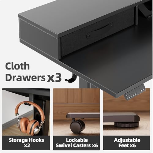 Claiks Dual Motor L Shaped Standing Desk with Drawers, 63inch, Black