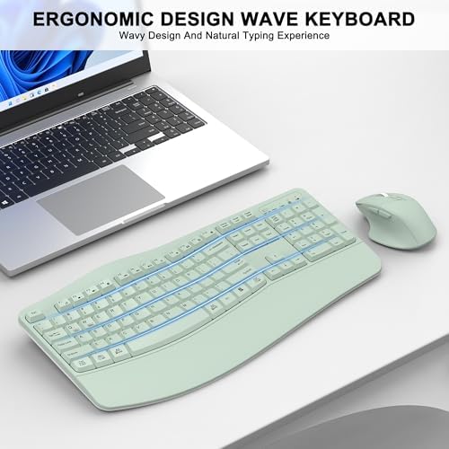 Wireless Keyboard and Mouse Combo, 2.4G Ergonomic Wave Key(Avocado Green)