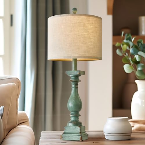 BOBOMOMO 27" Farmhouse Table Lamp Set of 2 with USB A+C for Bedroom Living Room Vintage Rustic Traditional Nightstand Bedside Lamps Retro Side Table Lamps (Green)