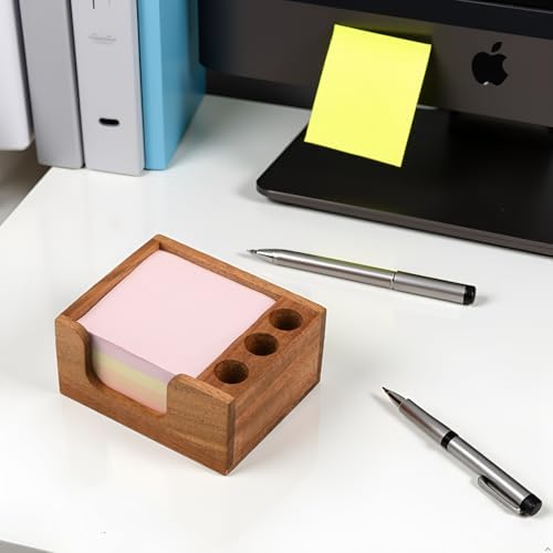 Acacia Wood Sticky Note Holder with 3 Pen Holders, 3x3 Post It Note Dispenser with Anti-Slip Pads, All-in-One Wooden Desk Organizer for Office Home School (4.0“x3.5"x2")