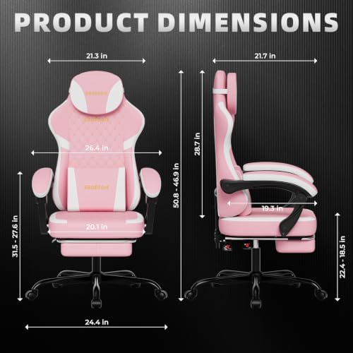 Ergonomic Gaming Chair with Footrest & Massage Lumbar Pillow, Height Adjustable 360° Swivel Computer Chair, Linked Armrest & Headrest for Office Gaming (Pink White)