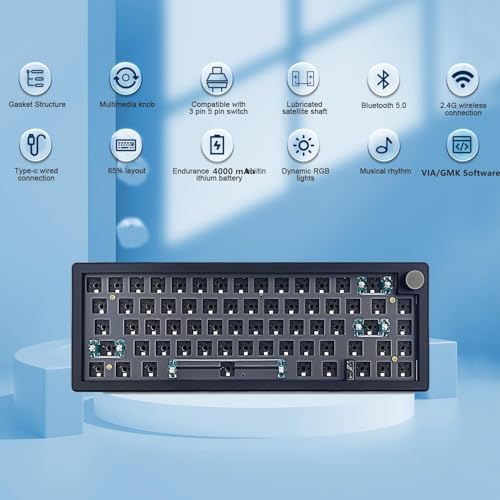 BOYI GMK67 Barebones Keyboard Kit,VIA Programmable Custom BT5.0/2.4GHz/Type-C Tri-Mode Gasket Mounted Hot Swap RGB 4000mAh Wireless 65% Mechanical Gaming Keyboard DIY Kit with Knob(Black)