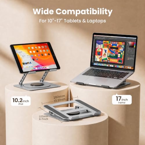 Aluminum Laptop Stand for Desk, Heavy Duty Computer Stand with 360° Rotating Base, Ergonomic Adjustable Height Notebook Riser, Compatible with MacBook Pro/Air, Dell, HP, 10-17” Laptops - Silver