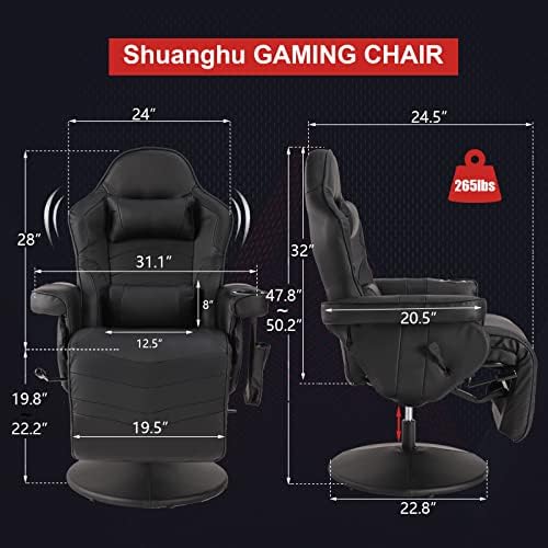 Gaming Chairs for Adults, Reclining Gaming Chair with Footrest, Massage Video Gaming Recliner Chair w/Adjustable Height, Swivel Game Chair with Lumbar Support, Side Pouch