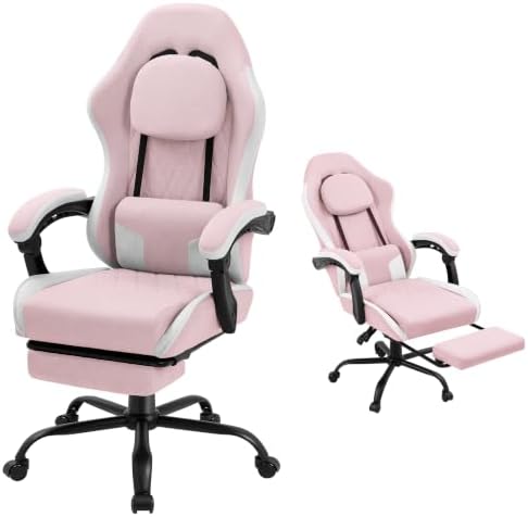 Gaming Chair for Adults, Fabric Gaming Chair with Footrest and Pocket Spring Cushion, Ergonomic Gamer Chair with Lumbar Support, Reclining Computer Gaming Chair with High Back, Pink