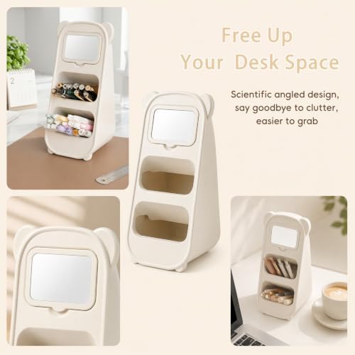 Cute Bear Pen Holder for Desk with Detachable Magnetic Mirror, Aesthetic Cream White Desk Organizer, 2-Compartment Pencil Cup Storage for Office & School