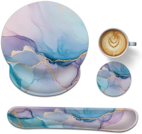 Pink Marble Wrist Rest Support for Mouse Pad Keyboard Set, Blue Gold Flowing Marble Mouse Pad with Non Slip Rubber Base for Home and Office Typing Support