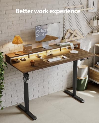 Agilestic 55 * 24 Inch Electric Standing Desk with Shelf & Led, Dark Walnut