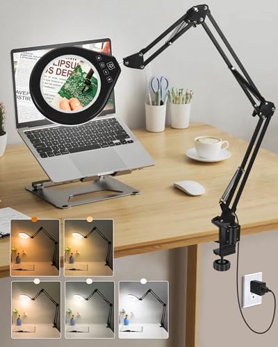 Magnifying Glass with Light, 10X/5X Lens, Dimmable, Swing Arm, White