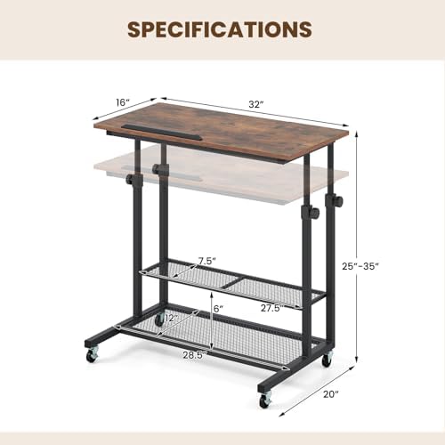 Giantex Mobile Standing Desk, Adjustable Rolling Computer Desk w/Tilting Desktop & Storage Shelves, PC Laptop Table, Small Compact Desk on Wheels for Small Space, Living Room & Bedroom (Rustic Brown)