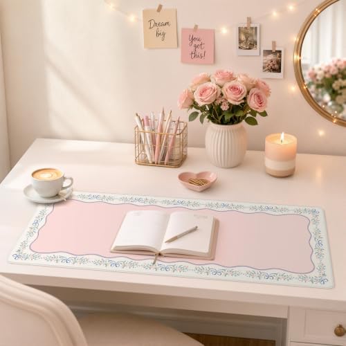 HAOCOO Cute Desk Topper, 31.5" x 11.8" Desk Pad for Office Pink Ribbon