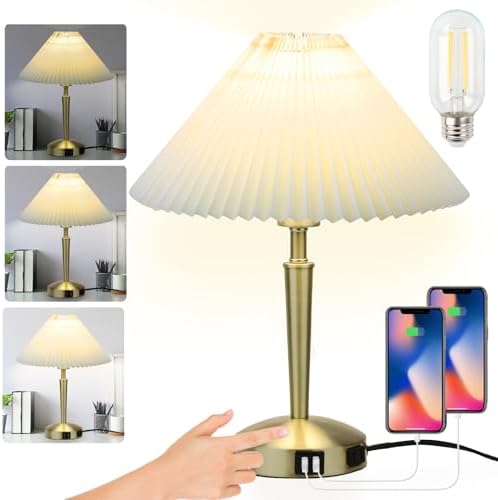 LALISU Touch Bedside Table Lamp, Fabric Shade Small Table Lamp, Gold