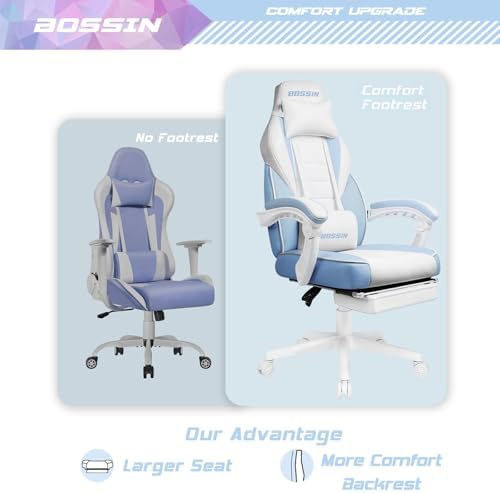 BOSSIN Gaming Chair with Massage, Ergonomic Heavy Duty Design with Footrest and Lumbar Support, Large Size Cushion High Back Office Chair, Big and Tall Gaming Computer Chair for Kids（White and Blue）