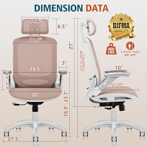 GABRYLLY Ergonomic Office Chair, High Back Home Desk Chair with 2D Flip-Up Arms, 3D Headrest, 90-120° Tilt and Wide Cushion, Big and Tall Mesh Chairs for Man Woman, White Computer Task Chair Pink