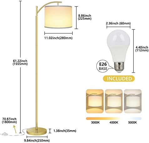 Floor Lamp for Living Room with 3 Color Temperatures LED Bulb, Standing Lamp Tall Industrial Floor Lamp Reading for Bedroom, Office (9W LED Bulb, White Lampshade Included) -Gold