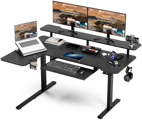Acrolix 59" L Shaped Standing Desk with Shelves Keyboard Tray,Black Carbon