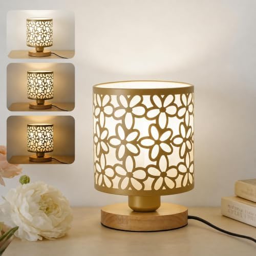 Green Small Table Lamp, LED Cutout Metal Bedside Lamp with 3 Color Temperatures for Office, Living Room, Bedroom, Dorm (Gold)