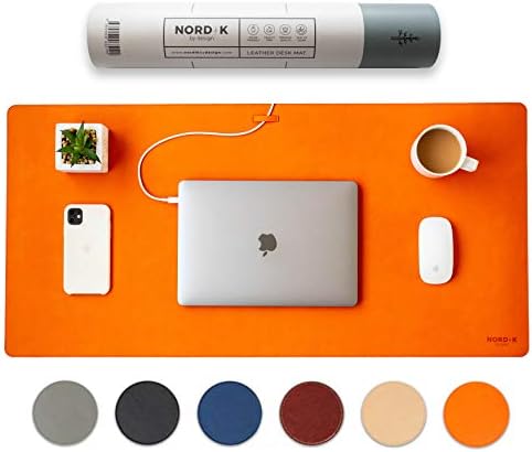 Nordik Leather Desk Mat -Tangerine Orange- Large Leather Desk Pad 35x17in