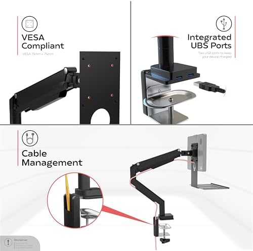CTA Workstation Clamp Mount for Single Monitor with Keyboard Tray & USB Hub - Adjustable Desk Monitor Mount with 360 Degree Rotation - Black