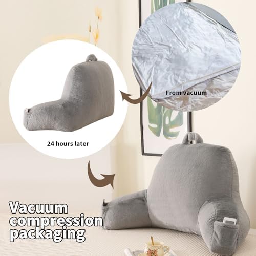 Soft Reading Pillow for Bed with Arms,Middle,Gray,Faux Fur