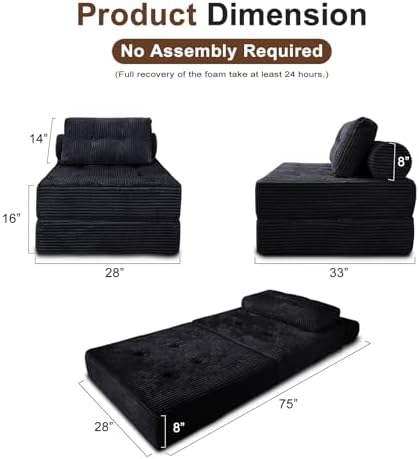 Nigoone Sofa Bed Futon, Versatile Foldable Sleeper Chair with Pillow, Supportive Memory Foam, Plush Corduroy Fabric, Cozy Floor Couch, Convertible Mattress for Bedroom/Living Room/Guest/Office, Black