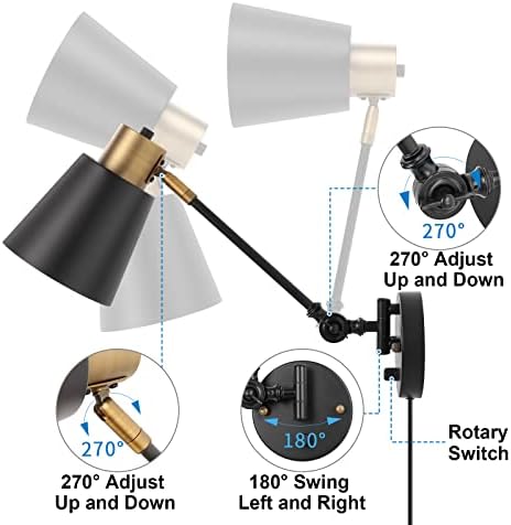 GOODATE Dimmable Wall Lamp with Plug in Cord, Plug in Wall Sconces, Swing Arm Wall Light with On Off Switch, Metal Black Brass Industrial Wall Lamp for Bedroom, Living Room, E26 Base