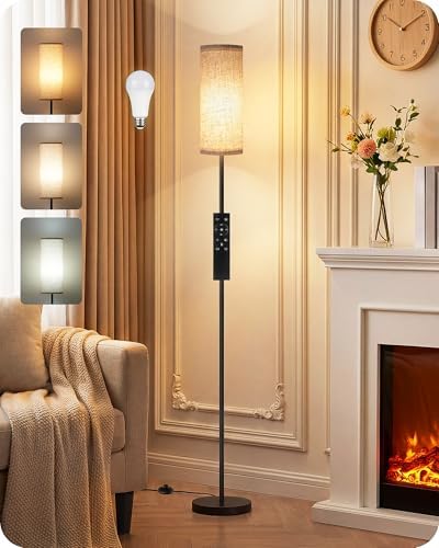Set of 2 Slim Floor Lamps for Living Room with 2 Magnetic Remotes and Foot Switch, Dimmable Standing Lamp Mood for Bedroom Nursery, 3 Color Temperatures, 1-Hour Timer, 900LM Bulb Included, Beige Shade