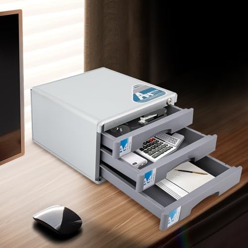 Desk Organizer with 3 Drawers, Metal Desktop Storage Cabinet File Holder with Locks and Keys, Storage Organizer Filing Case for Office Bedroom Home, Silver & Grey