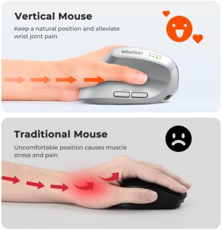 MEETION Left-Handed Ergonomic Vertical Mouse, Wireless, Rechargeable, Gray