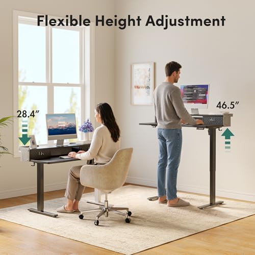 FEZIBO 48 X 24 Inch Standing Desk with Storage, Adjustable Height Sit Stand Desk with Sliding Pegboard Organizer, Felt Wall Bumper, Monitor Arm Compatible for Home Office Workstation, Black