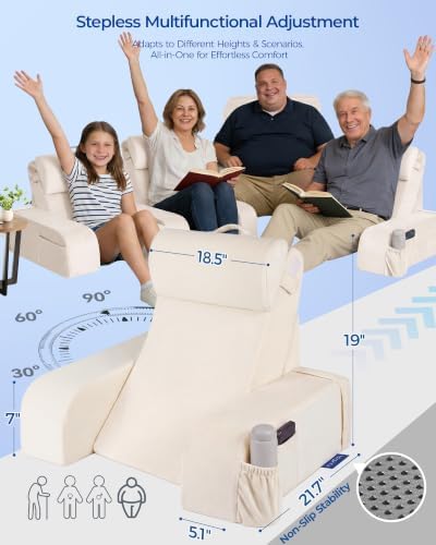 Kayfia Reading Pillow, 30-90° Stepless Adjust Angle & Height, Large, White